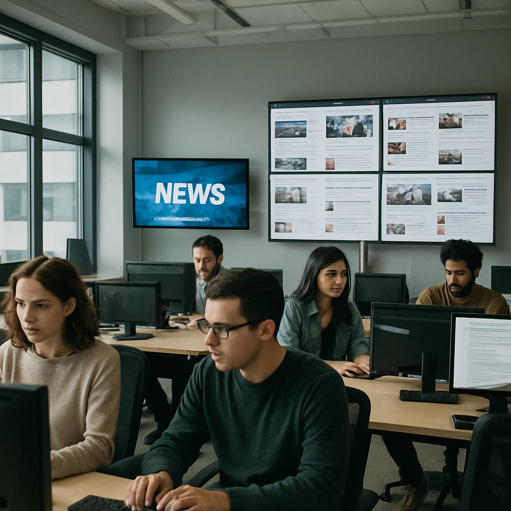 Journalists working in a modern digital newsroom